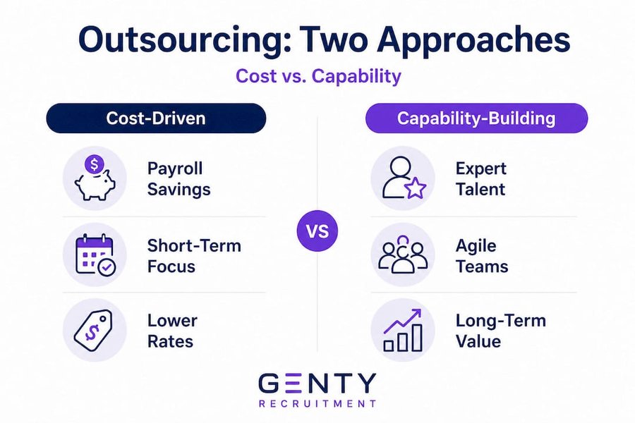 Infographic comparing cost-driven vs capability-building outsourcing