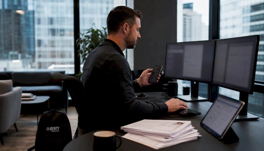 Recruiter managing hiring workflow at desk