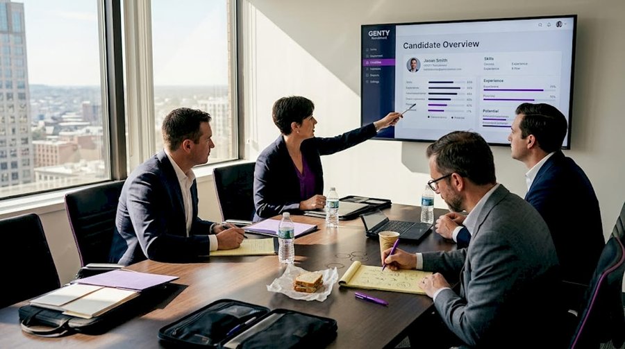 Executives review candidate profile in boardroom