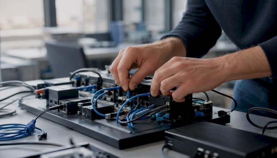 Hands connecting cables in data center