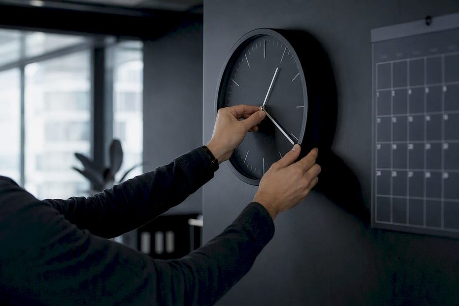 Designer adjusting analog clock in office