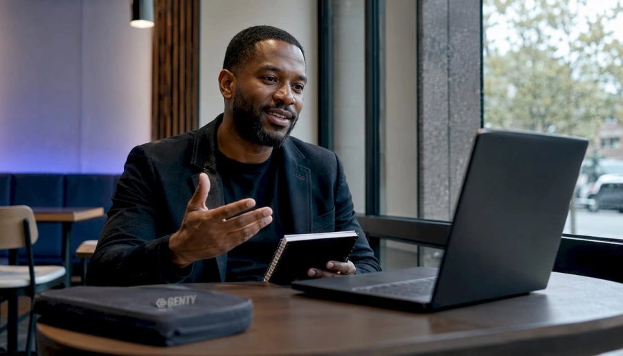 Recruiter conducting positive video interview