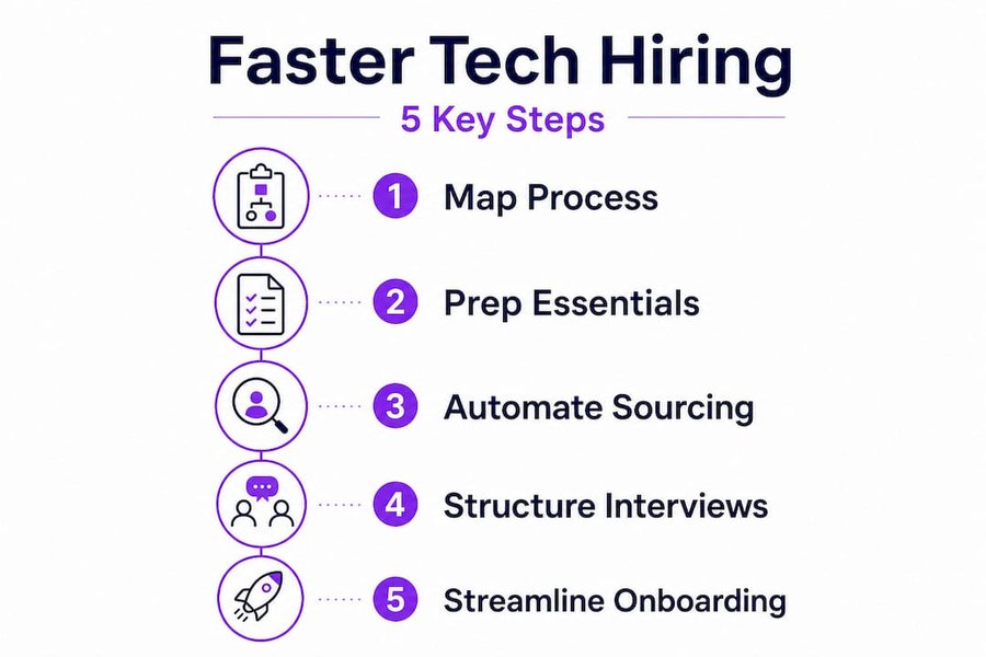 Infographic showing five steps for fast tech hiring