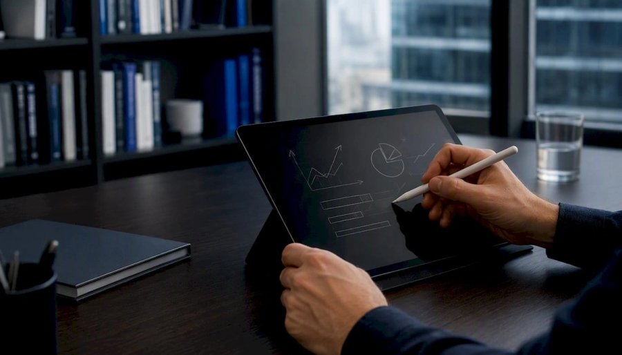 Hands writing KPIs on glass board