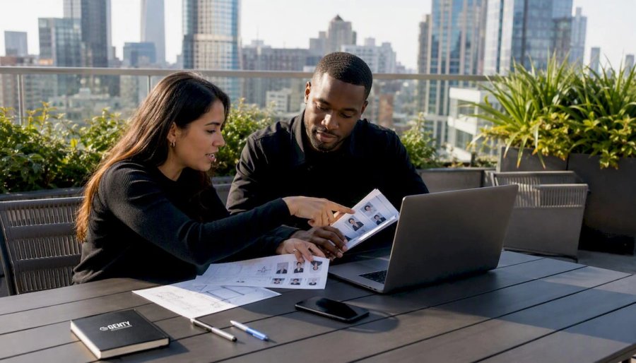 Two professionals discussing design hiring in office
