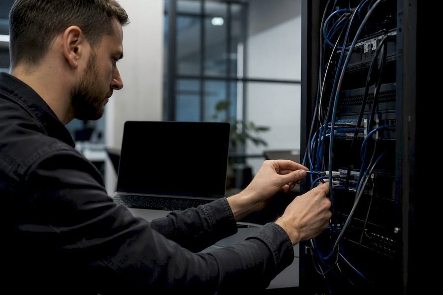 Hands connecting network cables in modern office