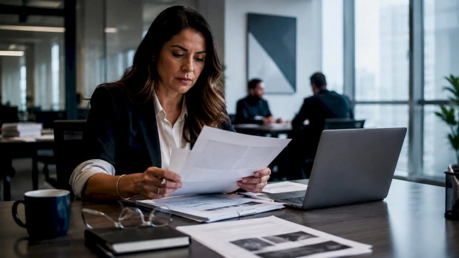 Recruiter reviewing tech resumes in office