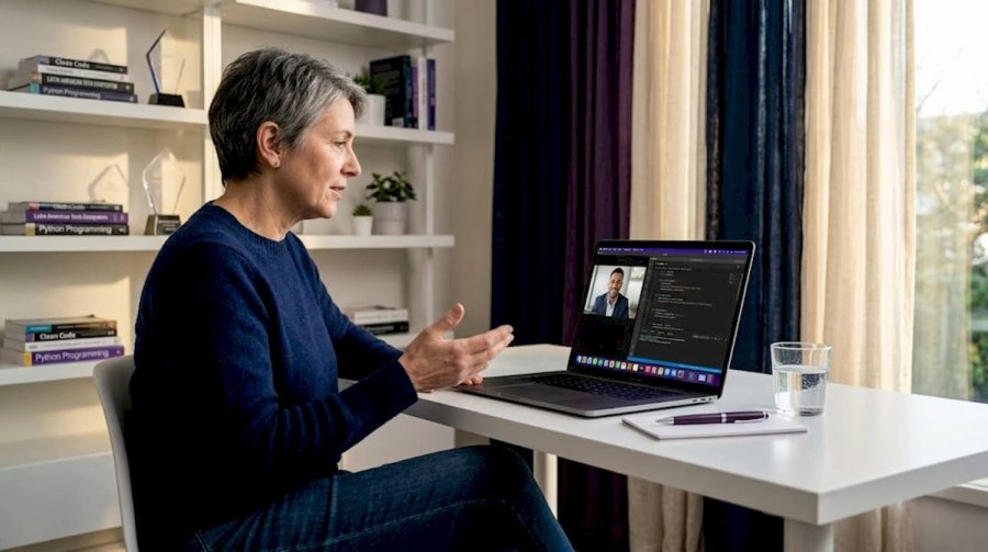 Senior developer video mentoring from home office
