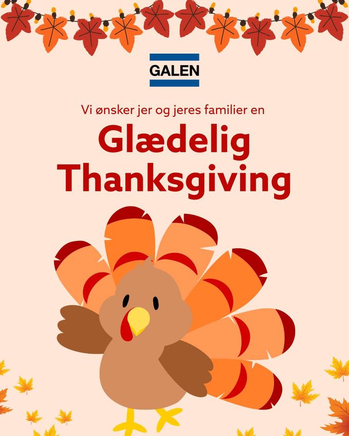 Galen-grafik med en tegnet kalkun og efterårsblade, der ønsker familier en glædelig Thanksgiving
