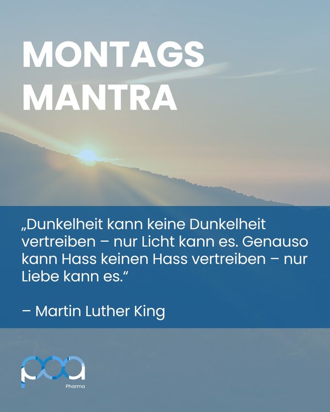 Montagsmantra-Grafik mit einem Martin-Luther-King-Zitat über Licht und Liebe vor einem Sonnenaufgang über Hügeln