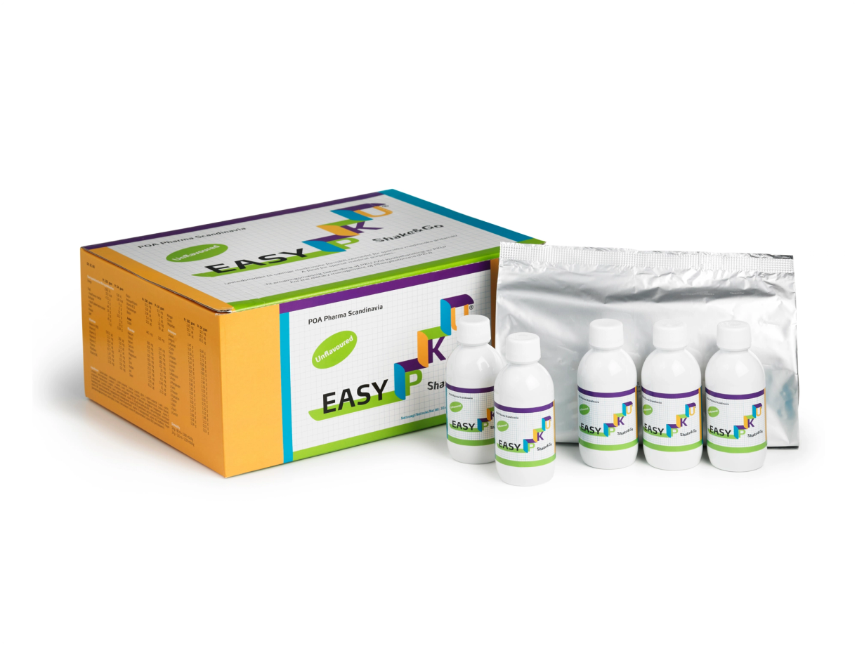 EASY PK oral solution kit with large box, foil pouch and five white bottles arranged on a white background