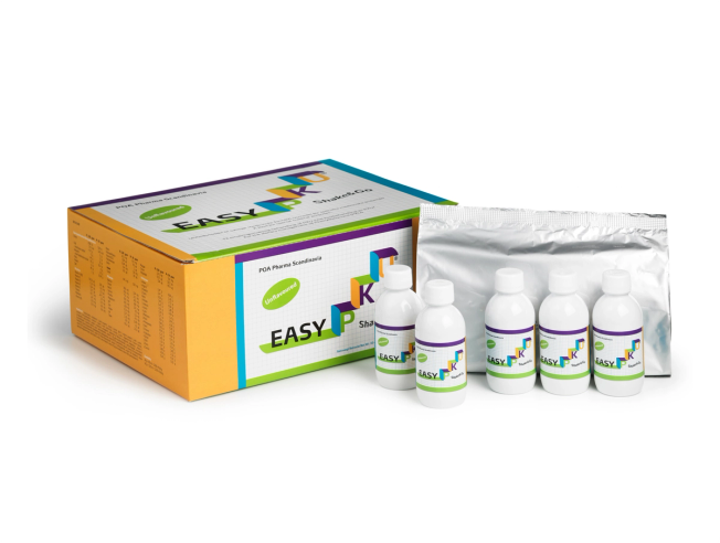 EASY PK oral solution kit with large box, foil pouch and five white bottles arranged on a white background