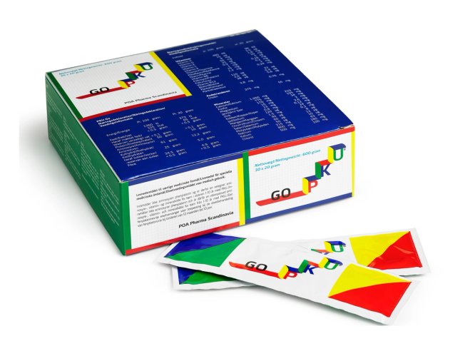 GO PKU medical nutrition box with colorful sachets for phenylketonuria dietary management