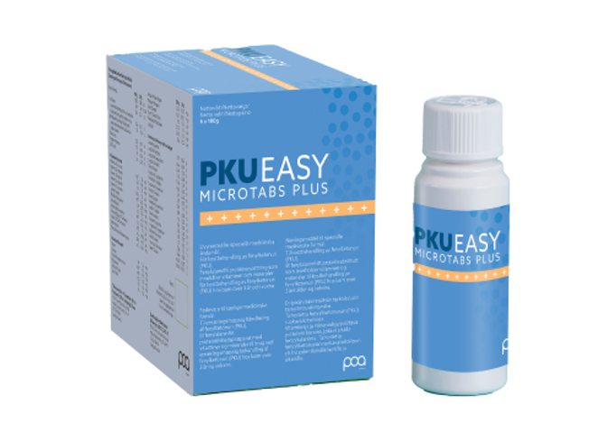PKU EASY Microtabs Plus medical nutrition, box and bottle with blue-orange packaging