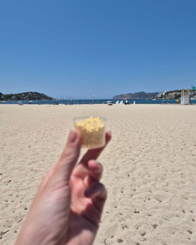 Hand holding a small cup of PKU Easy Microtabs on a sunny beach, with boats in the bay behind