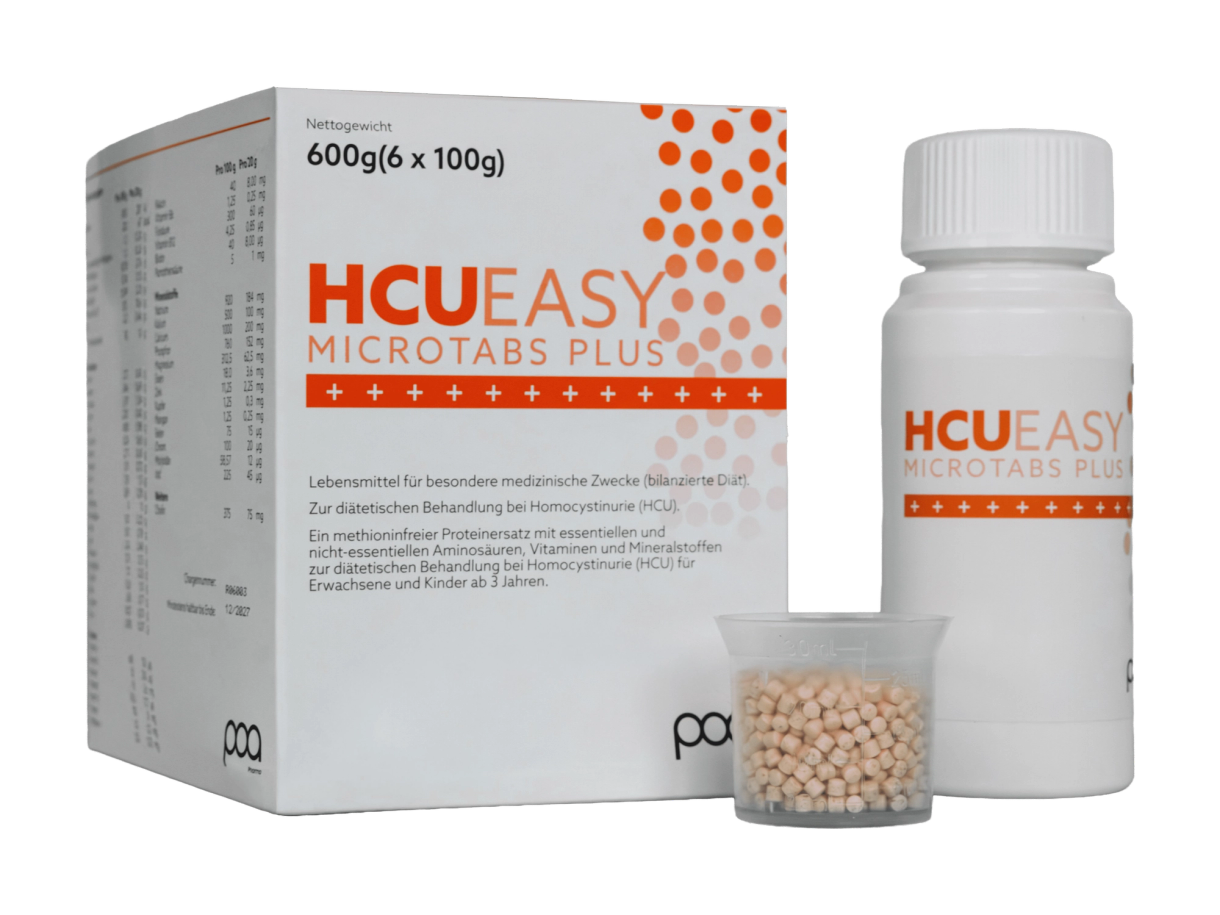 HCU Easy Microtabs Plus packaging, bottle and microtabs in measuring cup.