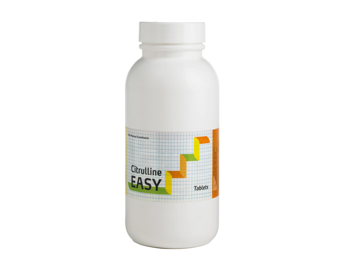 White bottle of Citrulline EASY tablets with colorful geometric label on a plain background