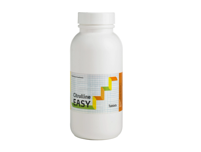 White bottle of Citrulline EASY tablets with colorful geometric label on a plain background