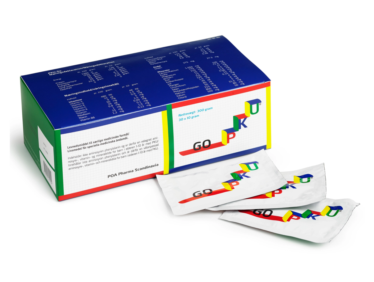 GO PKU medical nutrition box with three individual sachets on white background