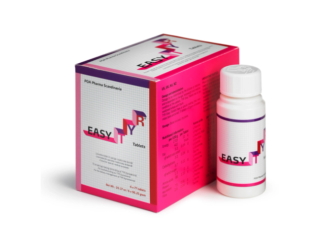 EASYTYR tablets packaging with bright pink box and white bottle from POA Pharma Scandinavia