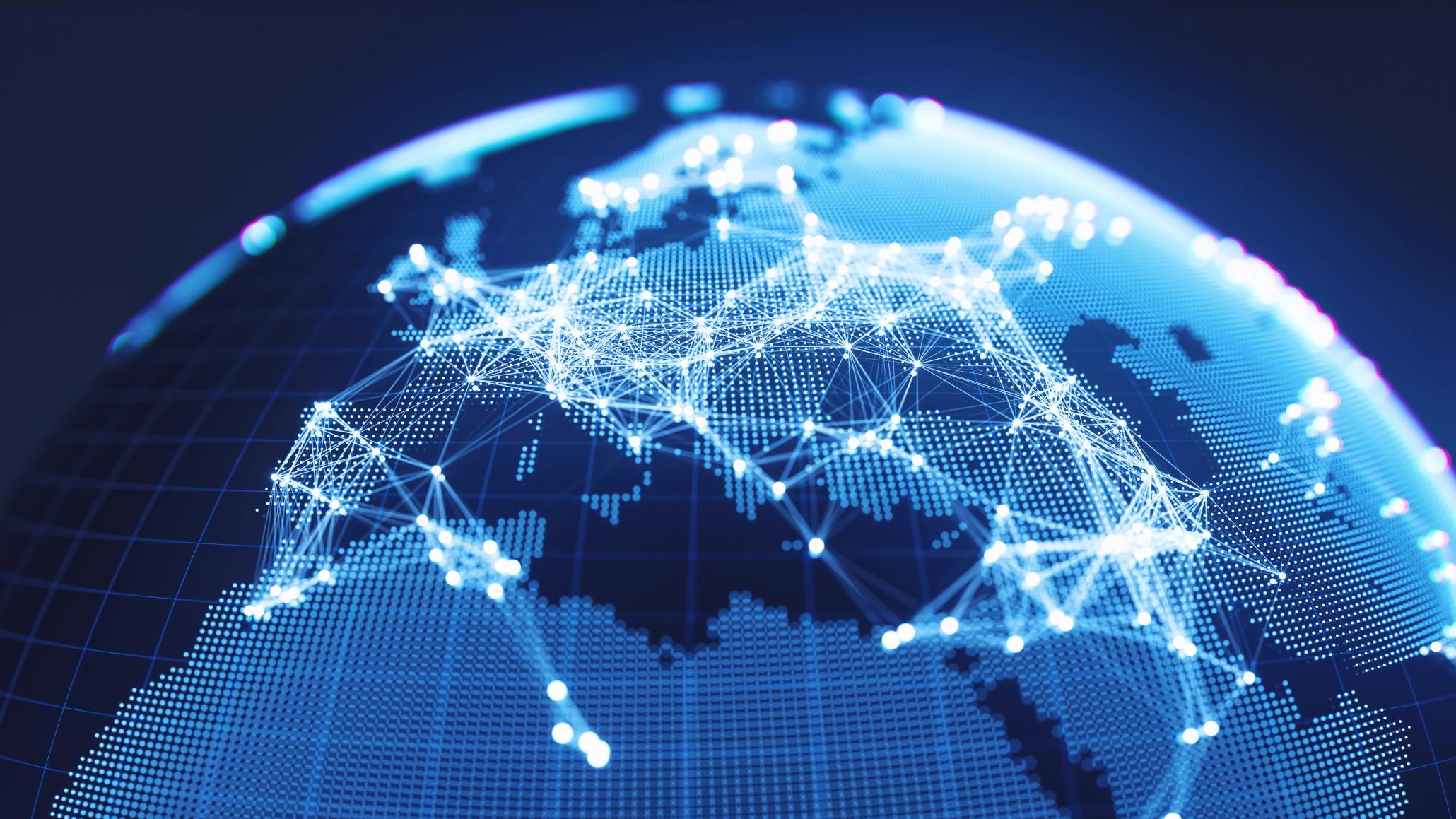 Digitale Weltkarte mit leuchtenden Netzwerkknoten und Datenverbindungen über Europa und Asien
