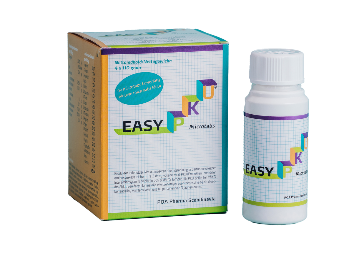 EASY PKU Microtabs packaging with box and bottle from POA Pharma Scandinavia on white background