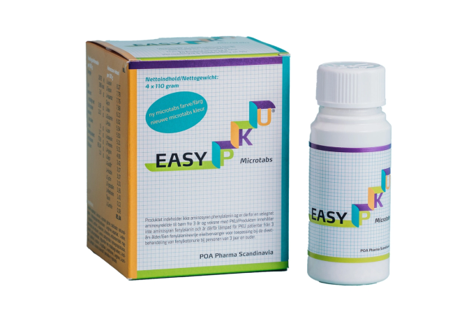 EASY PKU Microtabs packaging with box and bottle from POA Pharma Scandinavia on white background