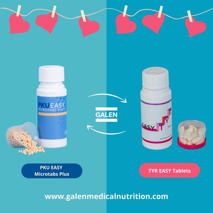 PKU Easy Microtabs Plus og TYR Easy Tablets side om side under en snor med papirhjerter