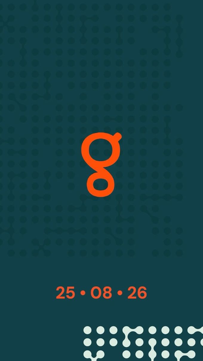 Petrolfarbene Countdown-Grafik mit orangefarbenem g-Logo und dem Datum 25.08.26