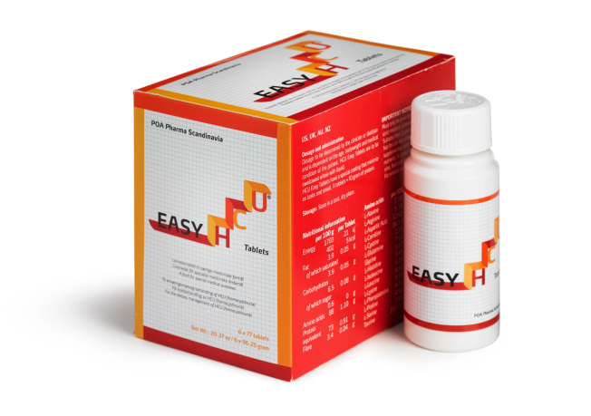 EASY HCU tablets packaging with red box and white bottle from POA Pharma Scandinavia