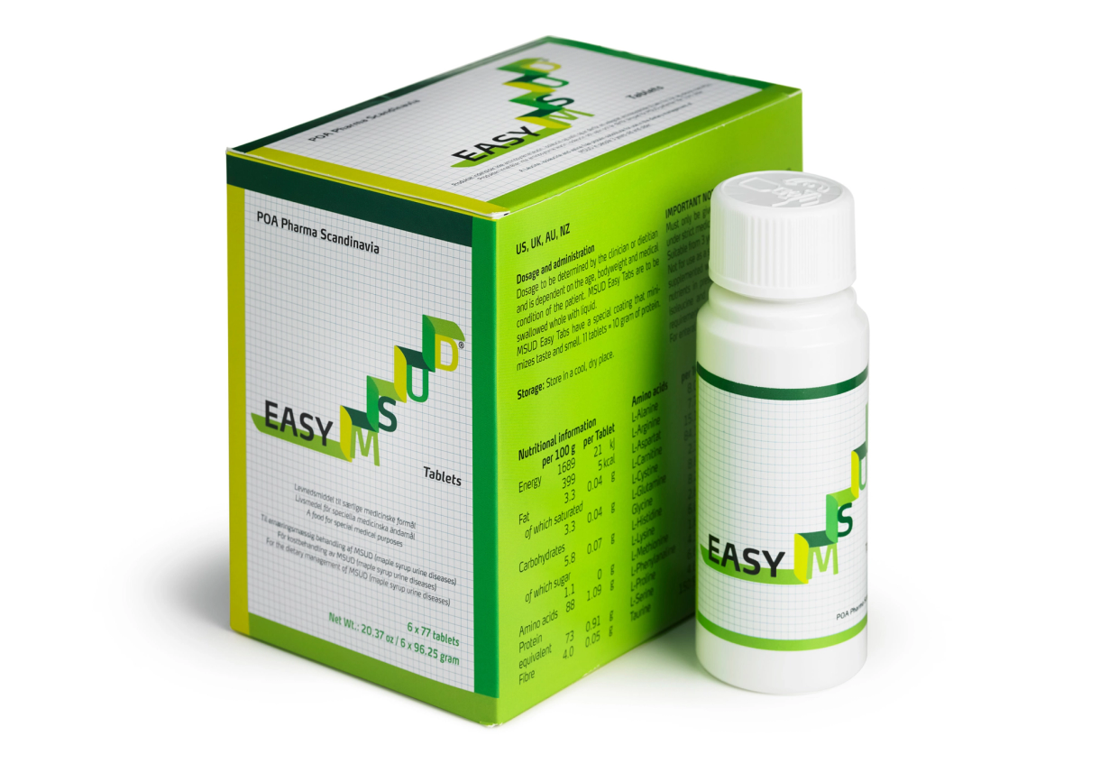 EASY MSUD tablets packaging with green and white box and bottle from POA Pharma Scandinavia