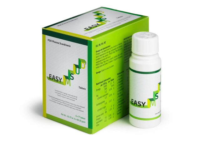 EASY MSUD tablets packaging with green and white box and bottle from POA Pharma Scandinavia