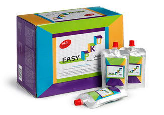 Easy K Liquid product box with two individual foil pouches, in red and teal variants