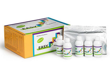 EasyK branded kit box alongside four small bottles, displayed with a silver foil pouch