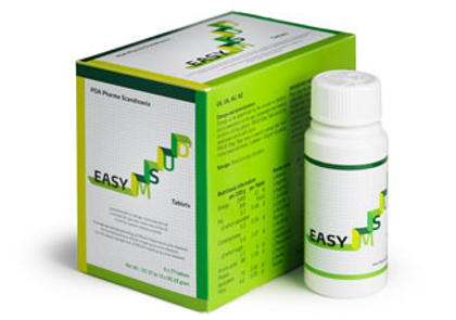 Green and white EasyM tablet product box and bottle displayed together on a white background