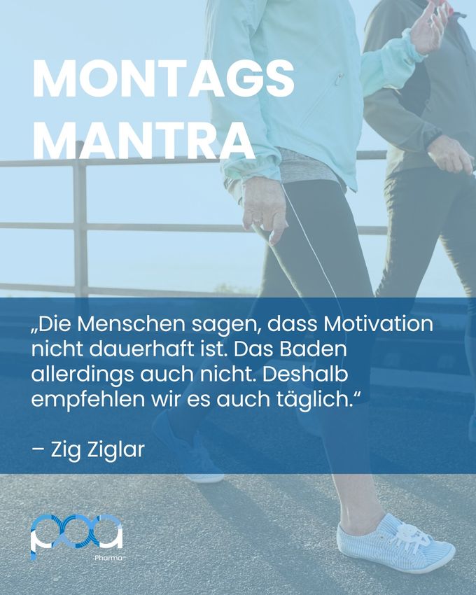 Montagsmantra-Grafik mit einem Zig-Ziglar-Zitat über Motivation, im Hintergrund spazierende Menschen in Sportkleidung