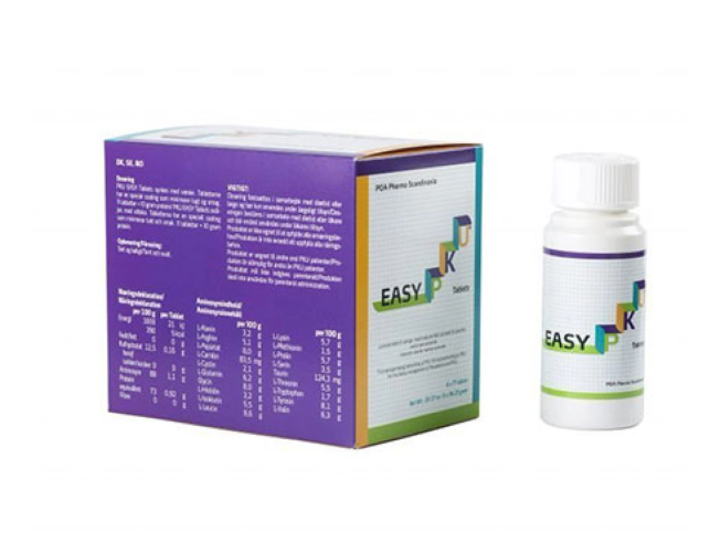 EASY P tablets packaging with purple box and white bottle featuring colorful step logo on a white background
