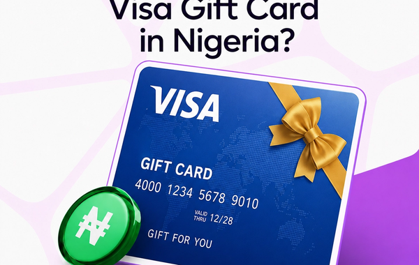 Graphic illustrating how to sell Visa gift cards in Nigeria for instant Naira payment, featuring a Visa gift card, cash payout, and a secure digital trading concept.