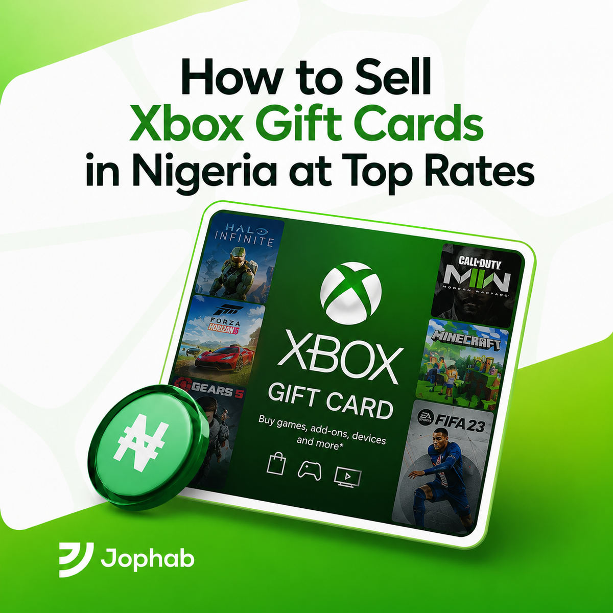 Graphic promoting how to sell Xbox gift cards in Nigeria at top rates with instant Naira payment.