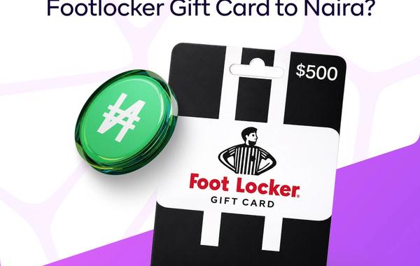 Promotional graphic by Jophab featuring a black and white $500 Foot Locker gift card next to a glossy green coin with the Nigerian Naira symbol (₦). The top text reads "How Much Is a $500 Footlocker Gift Card to Naira?" against a purple and white background, with the Jophab logo in the bottom left corner.