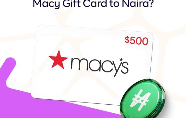 Promotional graphic by Jophab featuring a white $500 Macy's gift card with its iconic red star logo, set against a modern white and purple abstract background. Text at the top reads: "How much is a $500 Macy's Gift Card to Naira" with a shiny, green Naira symbol coin resting in the lower-left corner.