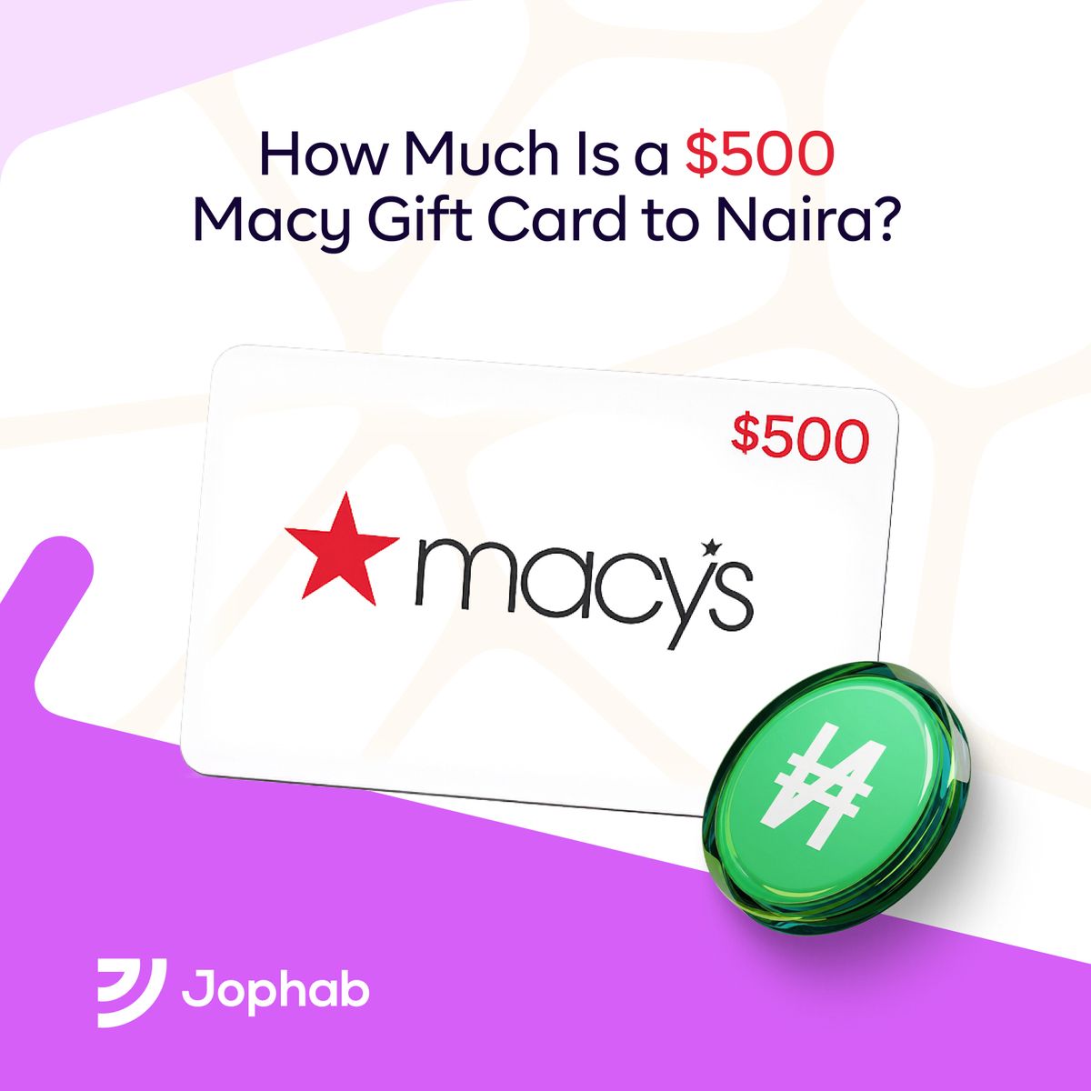 Promotional graphic by Jophab featuring a white $500 Macy's gift card with its iconic red star logo, set against a modern white and purple abstract background. Text at the top reads: "How much is a $500 Macy's Gift Card to Naira" with a shiny, green Naira symbol coin resting in the lower-left corner.