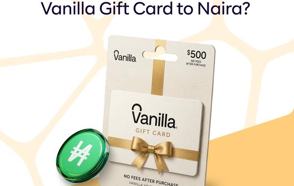 Promotional graphic by Jophab featuring a $500 Vanilla Gift Card with a gold ribbon against a cream and yellow background. Text reads: "How much is a $500 Vanilla Gift Card to Naira?" and includes a green Naira symbol token.