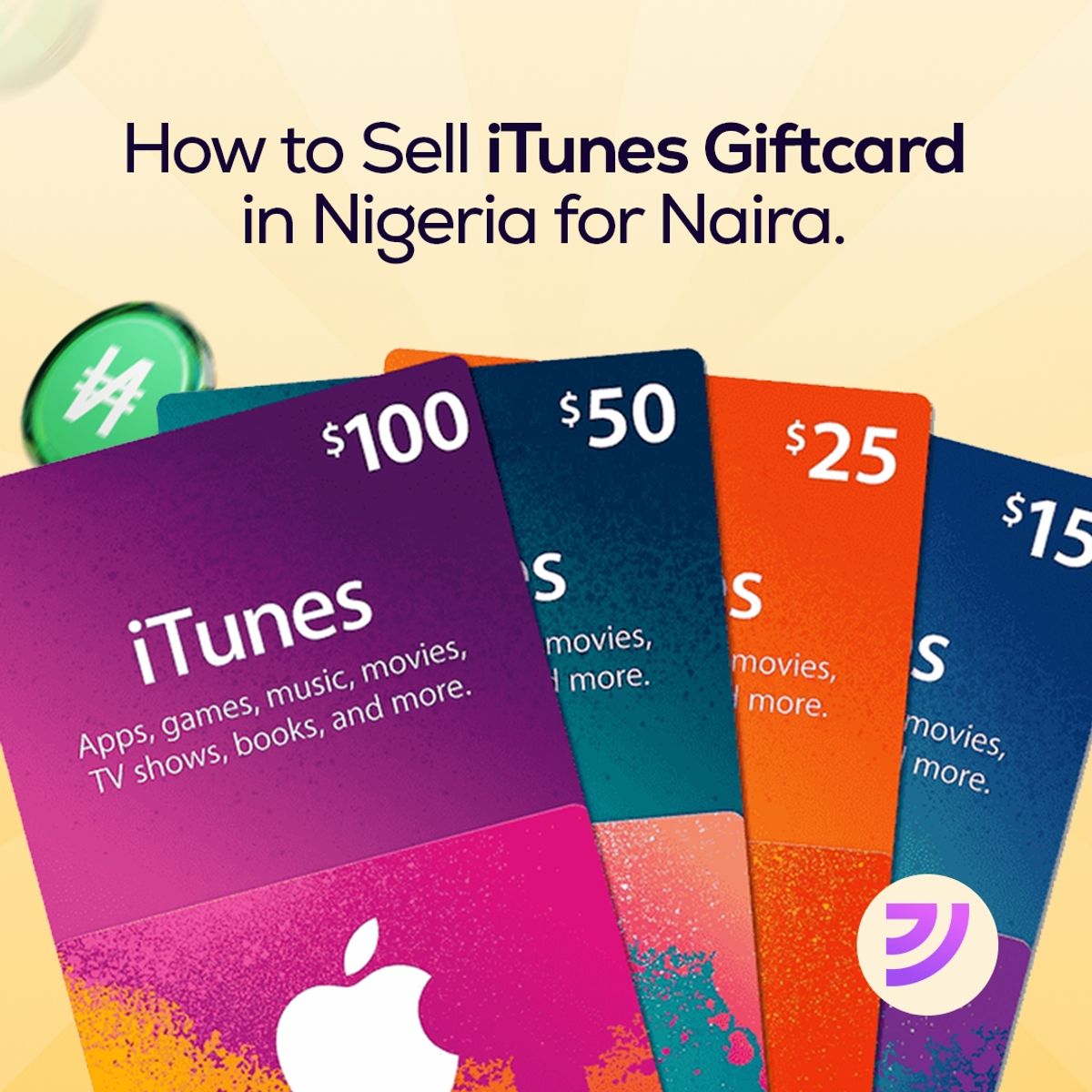 iTunes gift cards in different denominations with text reading “How to Sell iTunes Giftcard in Nigeria for Naira.”