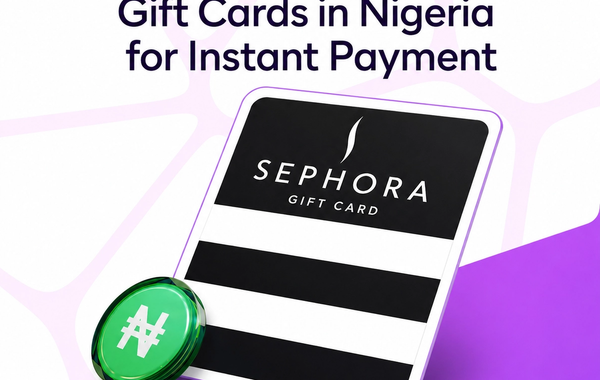 Illustration promoting how to sell Sephora gift cards in Nigeria for instant Naira payment, featuring a Sephora gift card and a fast cash payout concept