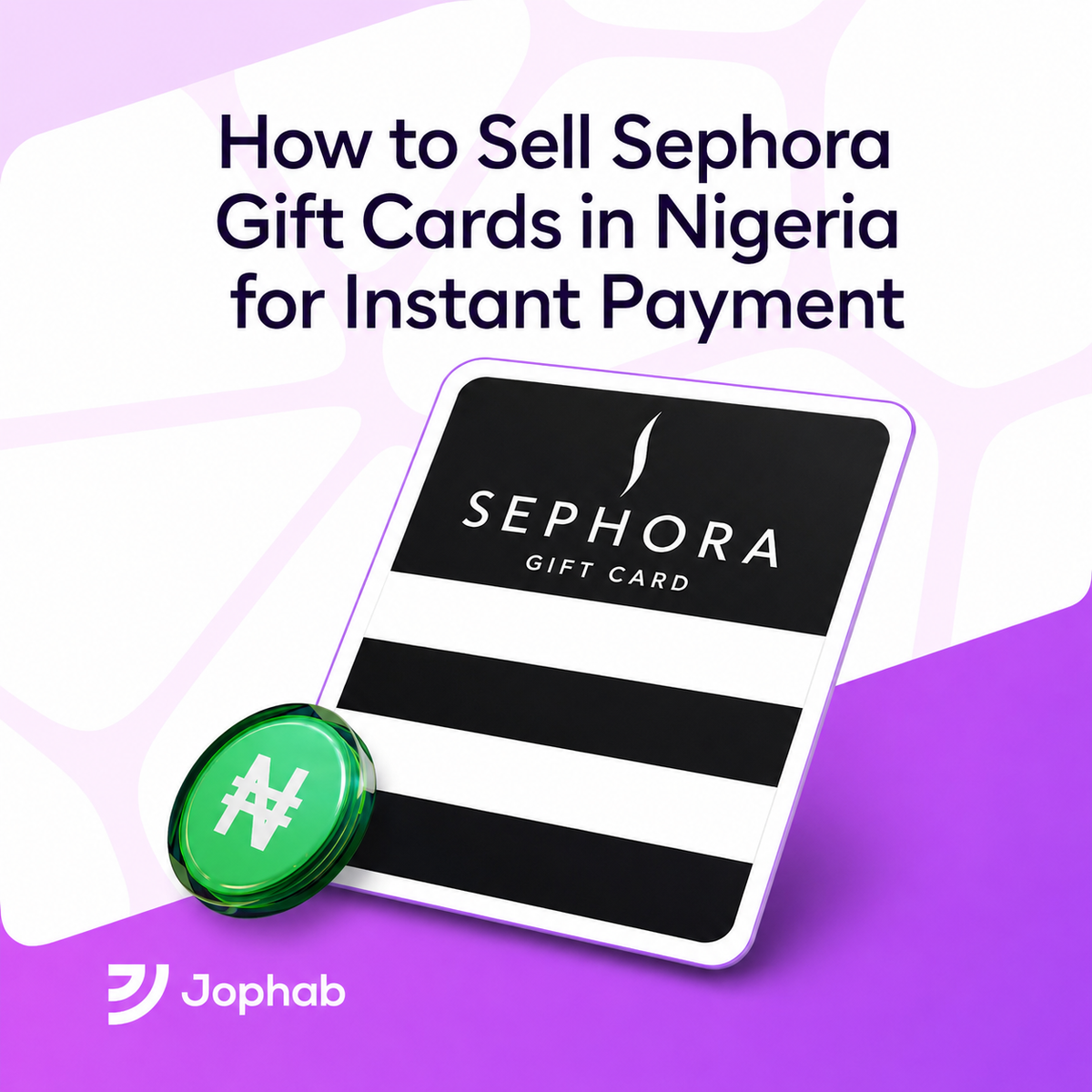 Illustration promoting how to sell Sephora gift cards in Nigeria for instant Naira payment, featuring a Sephora gift card and a fast cash payout concept