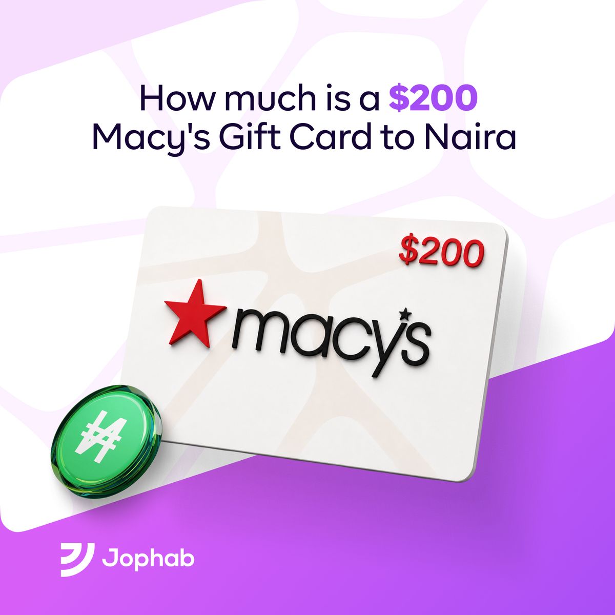 Promotional graphic for Jophab asking "How Much Is a $200 Amazon Gift Card to Naira Today?" alongside an Amazon gift card and a Naira symbol coin.