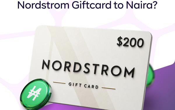 Promotional graphic by Jophab featuring a $200 Nordstrom Gift Card against a white and purple background. Text reads: "How much is a $200 Nordstrom Giftcard to Naira?" and includes a glossy green Naira symbol token in the foreground.