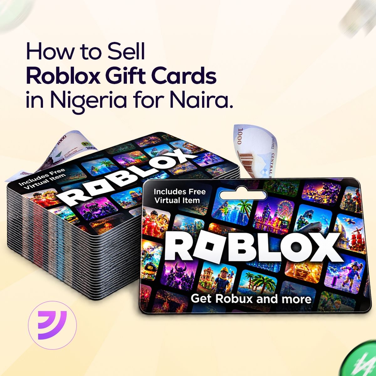 Graphic promoting a guide on how to sell Roblox gift cards in Nigeria for Naira, featuring Roblox gift cards, Nigerian Naira notes, and the Jophab logo.