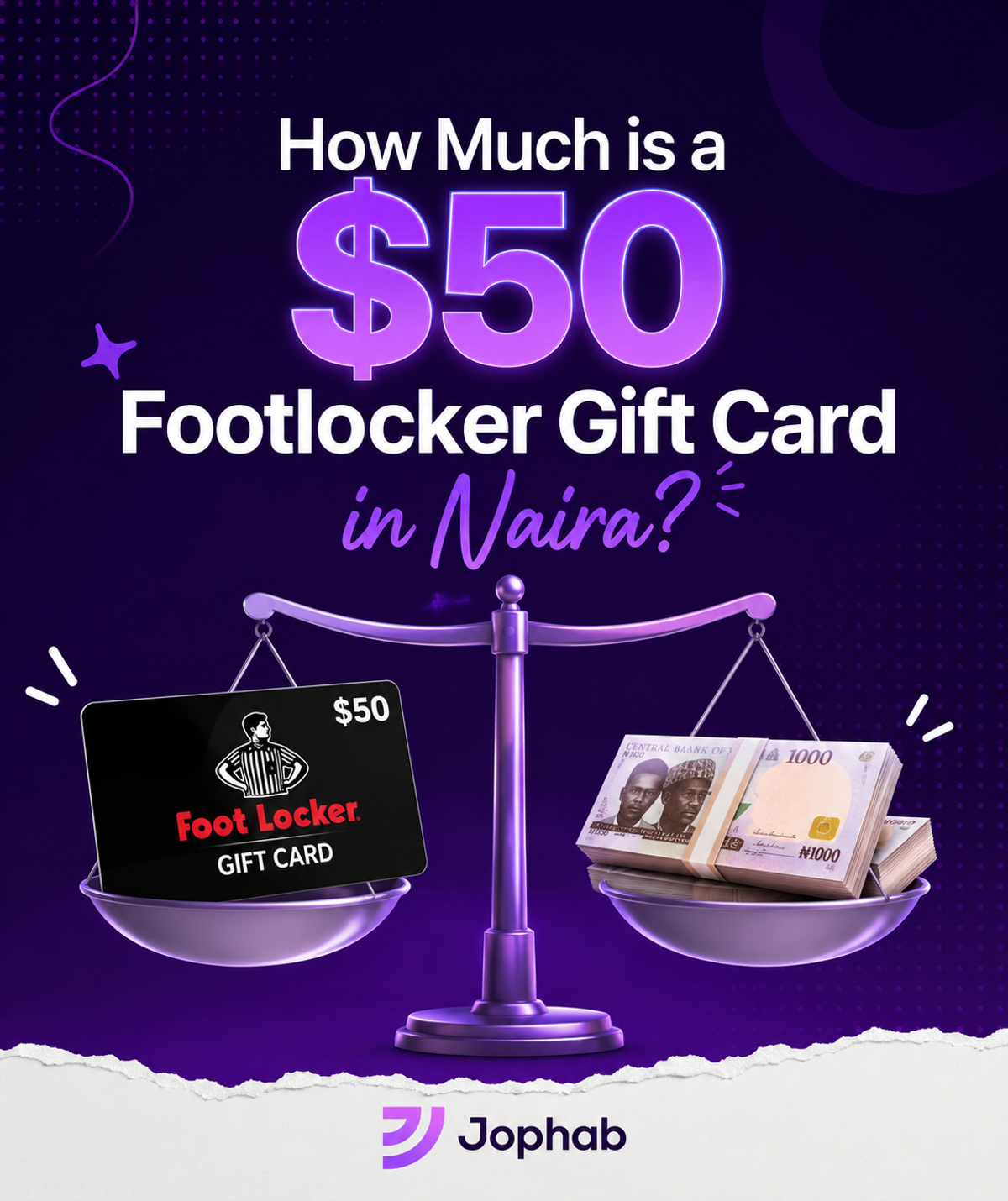 $50 Footlocker Gift Card to Naira exchange rate in Nigeria with Footlocker card trading illustration and cash value concept.
